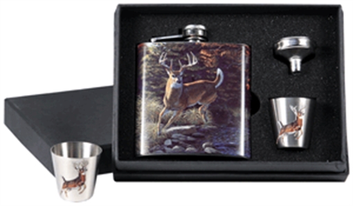 RIVERS EDGE POCKET FLASK WITH 2 SHOT GLASSES WHITETAIL DEER 988