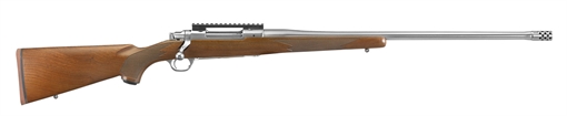 Ruger Hawkeye Hunter, Bolt Action Rifle, 7MM PRC, 24" Free Floated Cold Hammer Forged Barrel, 5/8X24 Thread Pitch, Radial Port Muzzle Break, Satin Stainless Finish, Silver, Walnut Stock, LC6 Trigger, Picatinny Rail, 3 Rounds 57144