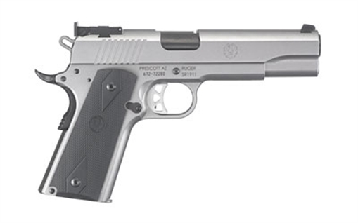 Ruger SR1911, 1911, Semi-automatic, Metal Frame Pistol, Full Size, 10MM, 5" Barrel, Bushingless Stainless Steel Bull Barrel, Stainless Steel, Matte Finish, Silver, Black Rubber Grips, Adjustable Target Sights, Extended Thumb Safety, 8 Rounds, 2 Magazines,