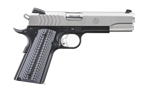 Ruger SR1911, Semi-Automatic, Aluminum Frame Pistol, 1911, 9mm, 5" Barrel, Anodized Finish, Black, Low-Glare Stainless Slide, G10 Grips, Extended Thumb Safety, Skeletonized Trigger, Drift Adjustable Novak 3 Dot Sights, 2 Magazines, 9 Rounds, Includes Bushi
