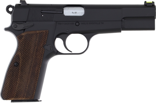 Inglis Manufacturing P-35, Single Action, Semi-automatic, Metal Frame Pistol, Full Size, 9MM, 4.7" Barrel, Chromate Finish, Black, Manual Safety, 15 Rounds, 2 Magazines, Fiber Optic Sights 12000009