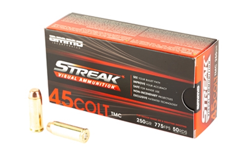 STREAK Ammunition Streak Target, 45 Long Colt, 250 Grain, Total Metal Coating Non-Incendiary Red Tracer Bullet, 50 Round Box 45C250TMC-RED
