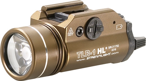 Streamlight TLR-1 HL, High Lumen Rail Mounted Tactical Light, Pistol and Picatinny, FDE Brown, C4 LED 1000 Lumens With Strobe, 2x CR123 Batteries 69267