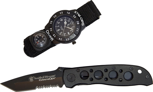 S&W S&W Extreme Ops Combo 3.18" Folding Plain Black 420 Stainless Steel Blade, Black Handle, Watch w/Compass SWXTMOPS2