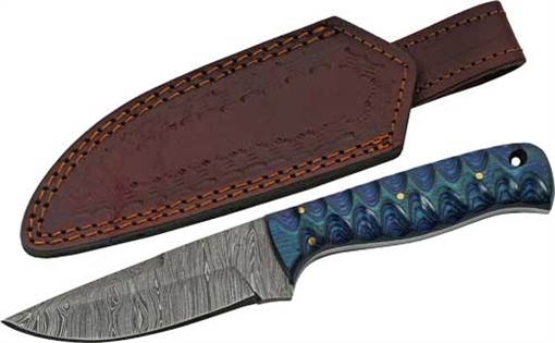 SZCO RITE EDGE 4" BLUE TWISTED WOOD HUNTER DAMASCUS W/SHTH DM1290