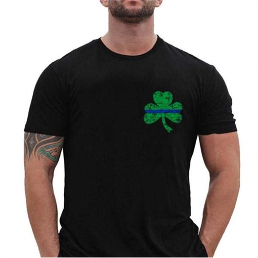Thin Blue Line T-Shirt, Small Shamrock, Thin Blue Line STPAT-SM-TBL-SHIRT-BLACK-XL
