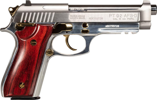 Taurus 92 Silver 9mm Luger 17+1 5" Stainless Steel Barrel, Stainless Steel Serrated Slide, Natural Anodized Aluminum Frame w/Beavertail & Picatinny Rail, Rosewood Grip