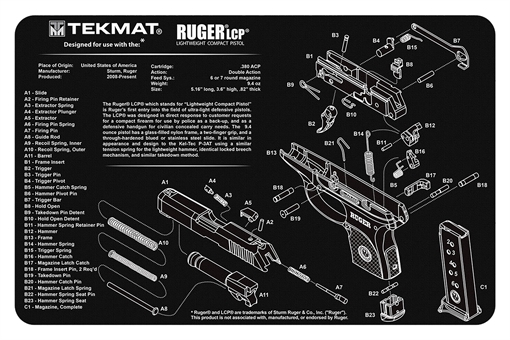 TekMat Ruger LCP Cleaning Mat Black/White Rubber 11"x17" Ruger LCP Parts Diagram TEK-R17-RUGERLCP