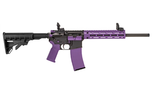 Tippmann Arms Company M4-22 LTE Accent, Semi-automatic Rifle, AR, 22 LR, 16" Threaded Barrel, Threaded 1/2x28, Matte Finish, Black with Purple Accents, Composite Free Float Handguard, Front/Rear Flip Sights, M4 Collapsible Stock, 25 Rounds, 1 Magazine A101