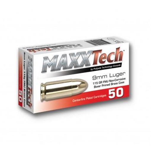 MaxxTech Handgun Ammunition 9mm Luger 115 gr FMJ 1150 fps 500/ct (10 Boxes 50/ct) PTGB9MMBC