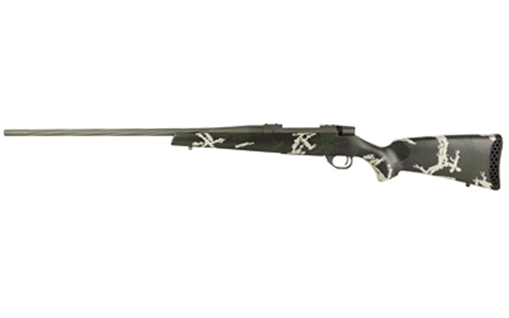Weatherby Vanguard, Talon, Bolt Action Rifle, 270 Winchester, 26" Fluted Barrel, Muzzle Brake, Cerakote Finish, Graphite Black, Peak 44 Blacktooth Carbon Fiber Stock, Green and White Sponge Pattern, 4 Rounds, Hinged Floorplate Bottom Metal VTE270NR6B