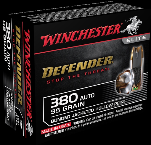 Winchester Ammunition Defender, Supreme Elite, 380ACP, 95 Grain, Bonded Jacketed Hollow Point, PDX1, 20 Round Box S380PDB