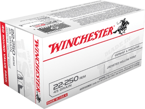 Winchester Ammunition USA WHITE BOX, 22-250 Remington, 45 Grain, Jacketed Hollow Point, 40 Round Box USA222502