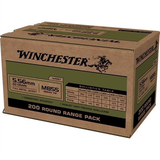 Winchester USA Lake City M855 Green Tip Rifle Ammunition 5.56mm 62 gr. FMJ 3060 fps 800/ct (4-200/ct boxes) WM855200C
