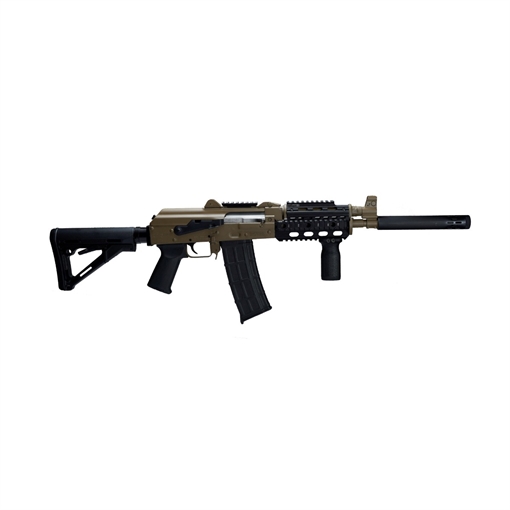 ZASTAVA ARMS ZPAP85 AK RIFLE 5.56 FDE CERAKOTE WITHNIGHT BRAKE QUAD RAIL TOP RAIL CTR STOCK MAGPUL PISTOL GRIP MAGPUL VERTICAL GRIP MUZZLE EXTENSION 16.5IN CHROME LINED BARREL 1.5MM RECEIVER BULDGED TRUNNION 30RD ZP85556FDER