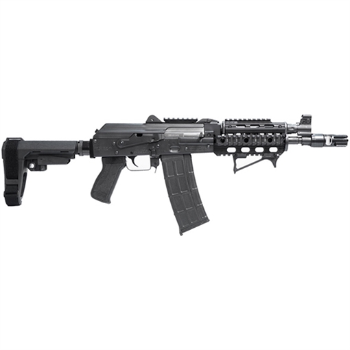 ZASTAVA ARMS ZPAP85 AK PISTOL 5.56X45 WITH NIGHT BRAKE QUAD RAIL TOP RAIL REAR RAIL ANGLED FOREGRIP SBA3 BRACE BULGED TRUNNION CHROME LINED 10.5IN BARREL ZP85556TAC